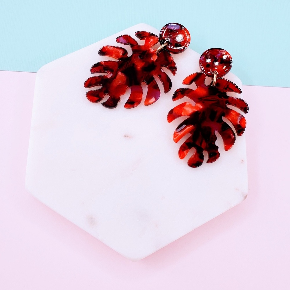 5 for $25 Red Palm Leaf Acrylic Resin Earrings - Picture 4 of 6